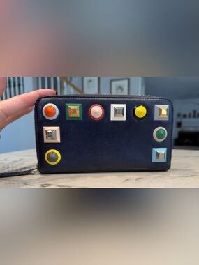 Fendi Navy Blue Long Zip Wallet Multicolor Plexiglass Studs 8M0299 Authenticated